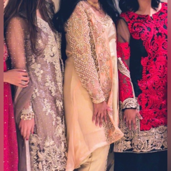 Pakistani shalwar kameez peach heavy kaam wedding dress Eid Indian high low desi - Picture 17 of 17